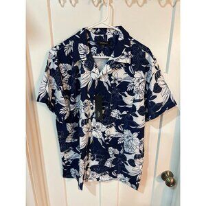 MCEDAR men's Hawaiian shirt with a navy blue and white floral pattern.